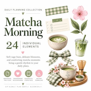 Matcha PNG-Cliparts: 24 Grafiken im Salbeigrün-Café-Stil für Planer und Notizbücher