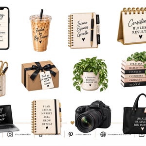 May include: A collection of small business office supplies including a smartphone with a to-do list, an iced coffee, a spiral notebook, a desk calendar, a pen holder, a gift box, a potted plant, stacked books, a laptop, a camera, and a black tote bag.
