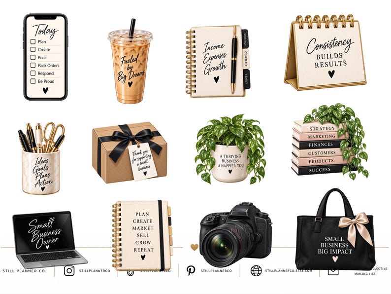 May include: A collection of small business office supplies including a smartphone with a to-do list, an iced coffee, a spiral notebook, a desk calendar, a pen holder, a gift box, a potted plant, stacked books, a laptop, a camera, and a black tote bag.