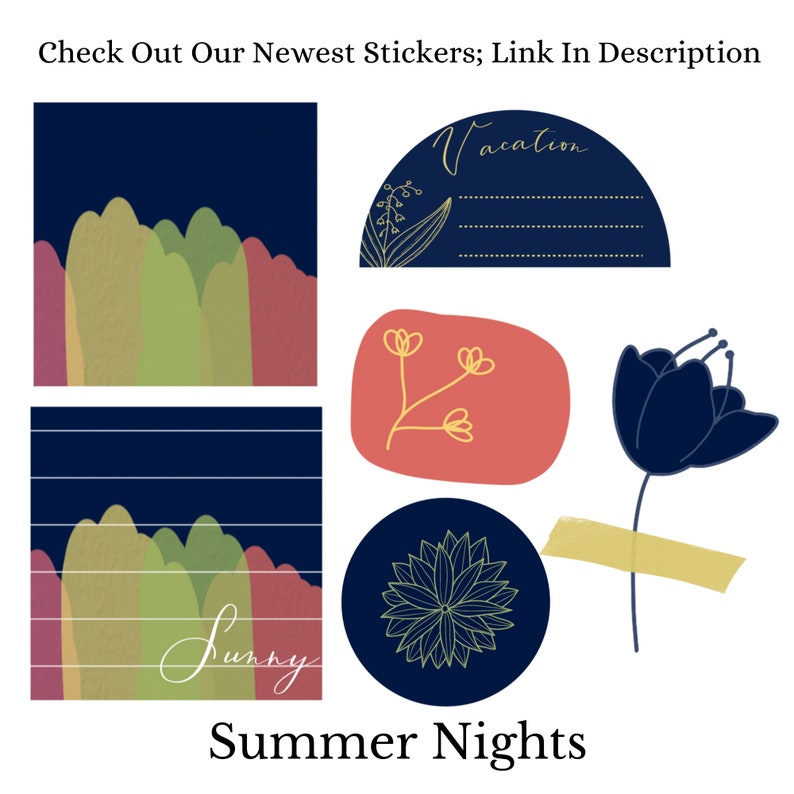 May include: A set of digital stickers featuring a summer night theme. The stickers include a floral design, a flower, a circle with a flower inside, a text box with the word "Vacation" and a design of hills with the word "Sunny" at the bottom.