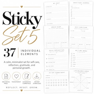 May include: A digital set of 37 printable planner elements featuring black text on white backgrounds. The collection includes templates for a gratitude journal, self-care plan, brain dump, daily reflection, me time menu, and a 30-day commitment tracker.
