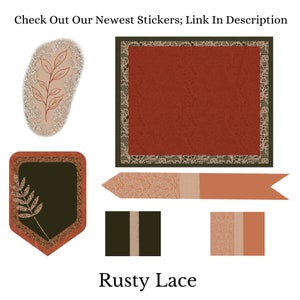 May include: A set of digital stickers featuring a rusty lace design with a brown, orange, and green color scheme. The stickers include a square frame, a banner, and two smaller squares. The text "Rusty Lace" is included in the image.