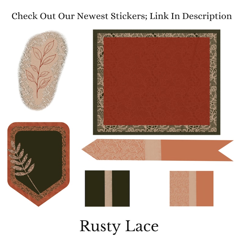 May include: A set of digital stickers featuring a rusty lace design with a brown, orange, and green color scheme. The stickers include a square frame, a banner, and two smaller squares. The text "Rusty Lace" is included in the image.