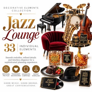 May include: A digital collection titled Jazz Lounge featuring 33 elements including a black grand piano, drum set, saxophone, double bass, red velvet chair, whiskey glasses, a chocolate dessert, a black fedora, and various signs with text.