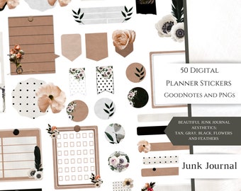 Junk Journal Digital Stickers: Flowers, Feathers (50 PNGs, 2 GoodNotes Sheets)