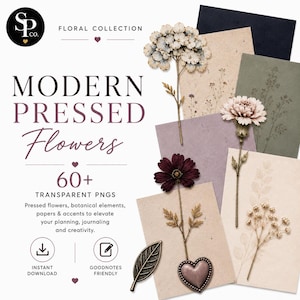 May include: A digital collection of modern pressed flowers featuring over 60 transparent PNG files. The image displays various botanical elements, textured papers, and accents in muted tones, including a heart-shaped charm and floral stems.