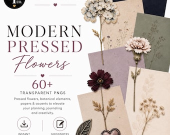 Modern Pressed Flowers Digital Planner Stickers | 60+ Botanical PNGs | GoodNotes Stickers | Digital Journal & Scrapbook Kit