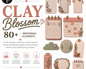 Stickers numériques pour agenda Clay Blossom Floral, plus de 80 PNG, stickers GoodNotes, éléments floraux pour agenda, décorations pour agenda numérique