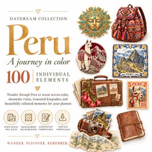 Puede incluir: Una colección digital titulada Daydream Collection Peru A journey in color 100 individual elements con gráficos de un emblema solar, una mochila estampada, una llama, un azulejo de paisaje, una maleta con flores, un sello, una cámara y un diario.