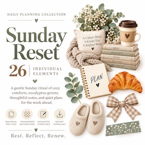 以下が含まれることがあります： Sunday Resetと題された26の要素を含むデジタルコレクション。PLANと書かれたスパイラルノート、REST REFLECT PLAN DO LESS BE PROUDとラベル付けされた本の山、コーヒーカップ、小さな枕、スリッパ、ギンガムチェックのリボンが含まれています。
