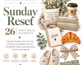 May include: A digital collection titled Sunday Reset featuring 26 elements including a spiral notebook with the word PLAN, a stack of books labeled REST REFLECT PLAN DO LESS BE PROUD, a coffee cup, a small pillow, slippers, and a gingham bow.