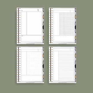 May include: Four white pages with different layouts for a planner or notebook. The pages are bound together with a gold coil. The pages include a grid, lined, dotted, and a section for notes.