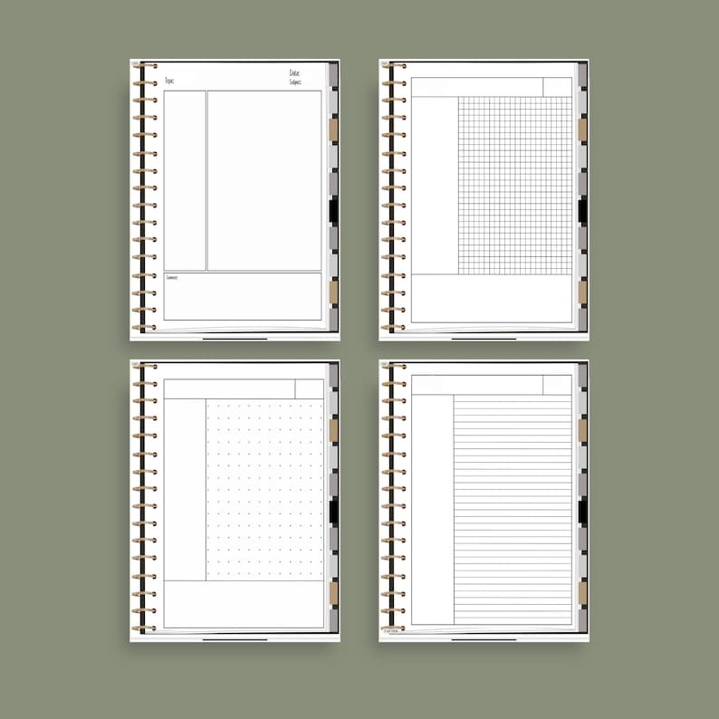May include: Four white pages with different layouts for a planner or notebook. The pages are bound together with a gold coil. The pages include a grid, lined, dotted, and a section for notes.