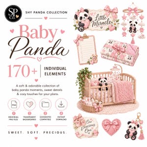 Puede incluir: Una colección digital de más de 170 elementos gráficos con temática de bebé panda, que incluye cuna, manta, móvil, portapapeles y letreros decorativos. El conjunto presenta tonos rosa suave y blanco con ilustraciones de pandas, lazos y corazones.
