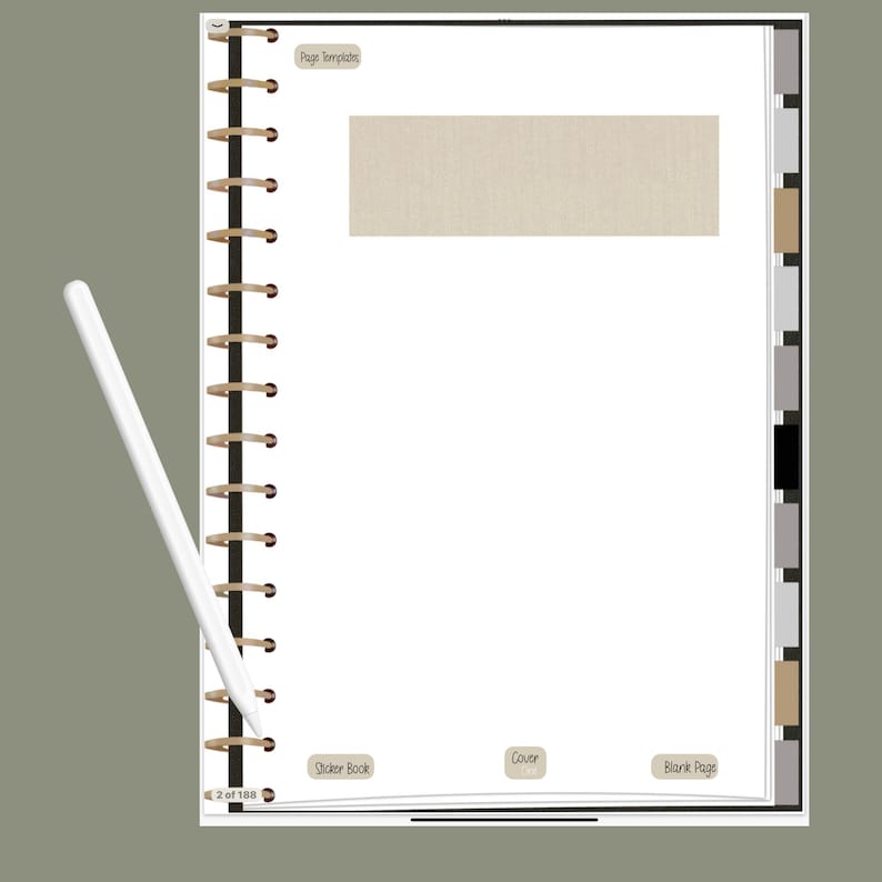 May include: A white spiral bound notebook with a beige cover. The cover has a small beige rectangle at the top. The notebook has a sticker book, cover, and blank page options. The text "2 of 188" is visible at the bottom left corner.