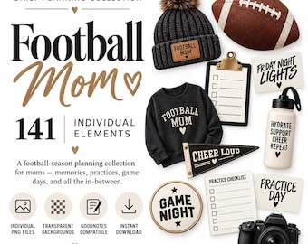 May include: A digital collection of 141 football-themed planning elements including a black knit beanie with a pom-pom, a brown football, a black sweatshirt with text, a clipboard, a water bottle, a pennant, a camera, and various note cards.