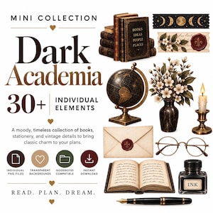 May include: A digital collection of Dark Academia themed graphic elements including a stack of books with the text BOOKS IDEAS PEOPLE PLACES, a globe, a vase of white flowers, a candle, an envelope with a wax seal, glasses, an open book, and ink.