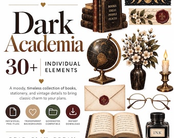 Dark Academia Digital Stickers, Vintage Bookish PNG Clipart for GoodNotes & Digital Journaling
