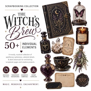 May include: A digital scrapbooking collection titled The Witch's Brew featuring over 50 individual elements including a dark ornate book, a butterfly in a glass dome, a candle, crystal cluster, potion bottles, a teacup, dried herbs, and labels.