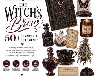 Witchy Apothecary Clipart Bundle, 50 Digital Scrapbook PNG Elements, The Witch’s Brew