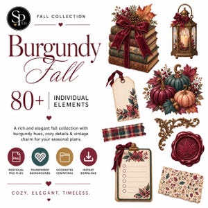 Puede incluir: Una colección gráfica digital titulada Burgundy Fall con más de 80 elementos individuales que incluyen una pila de libros con un lazo burdeos, un farol, calabazas, etiquetas, una lista de tareas, un sello de cera y patrones de cuadros.