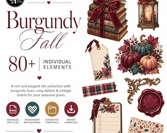 Fall PNG Clipart Bundle, Burgundy Autumn Digital Stickers, Vintage Fall Planner & Scrapbook Elements