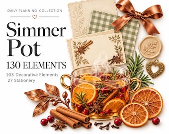 May include: A digital collection titled Daily Planning Collection Simmer Pot 130 Elements featuring a glass pot with orange slices, cranberries, cinnamon sticks, and rosemary, accompanied by paper cards, a copper bow, and a wax seal.
