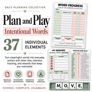 以下が含まれることがあります： 単語の進捗トラッカー、報酬チャート、意図的な単語のアイデアリストを含むデジタルデイリープランニングコレクション。MOVEと綴られた文字タイルを含む37個の個別要素で構成され、ソフトなグリーンとピンクの配色でデザインされています。