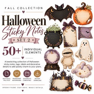 Adesivi digitali di Halloween, post-it PNG, clipart, adesivi per agenda GoodNotes, grafica autunnale spettrale