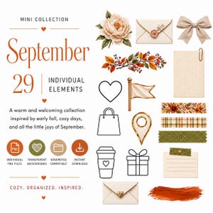May include: A digital graphic set titled September featuring 29 individual elements including a peony, envelopes with wax seals, a beige bow, autumn foliage, a paper clip, heart and flag icons, a shopping bag, a map pin, a coffee cup, and a gift box.