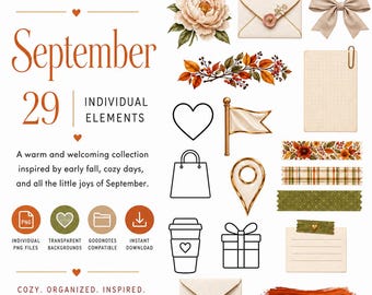 Fall Digital Stickers, Autumn PNG Clipart, GoodNotes Planner Stickers, September Mini Collection
