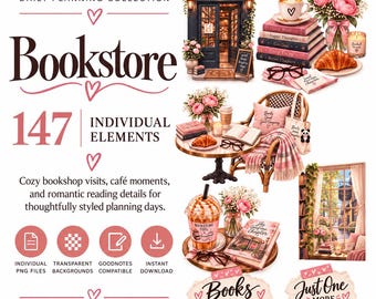 May include: A digital collection of 147 individual planning elements featuring bookstore scenes, stacks of books, coffee cups, croissants, flowers, and reading accessories. Text includes "Bookstore," "Books Before Plans," and "Just One More Chapter."