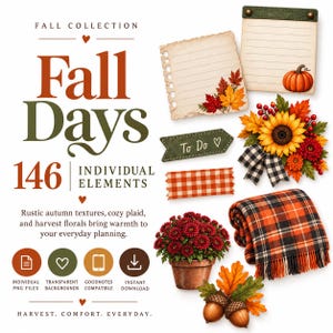 May include: A digital collection titled Fall Days featuring 146 individual elements including lined paper, a sunflower bouquet with a plaid bow, a folded orange and black plaid blanket, a potted red chrysanthemum, and acorns with autumn leaves.