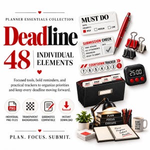 May include: A digital planner essentials collection featuring 48 individual elements including a red pen, binder clips, a digital timer, a black accordion file, a desk lamp, a notebook with text, and a mug with the text Good Focus Get It Done.
