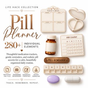 Puede incluir: Una colección digital de elementos para planificador de pastillas que incluye una tabla Today's Meds, un pastillero en forma de corazón, un frasco ámbar, un rastreador AM, un letrero Pill Reminder, un organizador semanal y dos pastillas, una morada y una blanca.