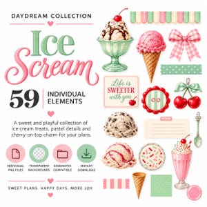 May include: A digital collection of 59 ice cream themed graphic elements including a sundae in a glass, a waffle cone, cherries, a pink bow, a button, a spoon, and a sign with the text Life is SWEETER with you, all in pastel pink and green.