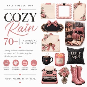 Puede incluir: Un conjunto gráfico digital titulado FALL COLLECTION COZY RAIN que incluye más de 70 elementos individuales como papelería floral, una máquina de escribir rosa, una taza negra, una vela, un cojín con el texto LET IT RAIN y botas de lluvia rosas con lunares.