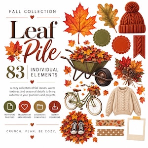 May include: A digital collection titled Fall Collection Leaf Pile 83 Individual Elements featuring autumn-themed graphics including maple leaves, an oak leaf, a knit beanie, a wheelbarrow filled with leaves, a bicycle, a sweater, and sneakers.