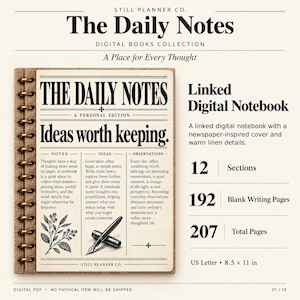 May include: A digital notebook with a linen-textured cover and spiral binding. The cover features the text The Daily Notes, A Personal Edition, and Ideas worth keeping, along with a fountain pen illustration and 8.5 by 11 inch dimensions.