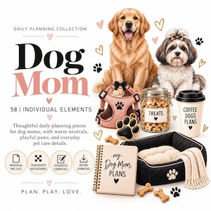 Dog Mom PNG Clipart Bundle, 58 Digital Stickers for GoodNotes, Pet Care Planners & Journals