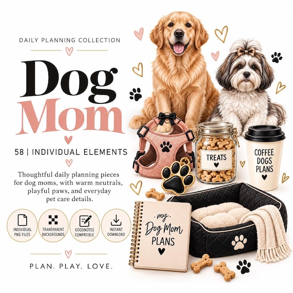 Dog Mom PNG Clipart Bundle, 58 Digital Stickers for GoodNotes, Pet Care Planners & Journals