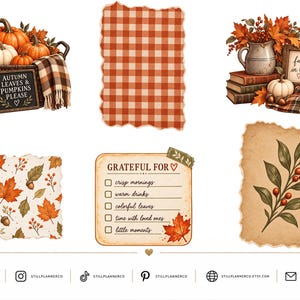 May include: A collection of autumn-themed digital stickers featuring pumpkins in a basket with a sign reading 'AUTUMN LEAVES & PUMPKINS PLEASE', a red gingham pattern, a fall scene with books and a mug, a leaf pattern, and a 'GRATEFUL FOR' checklist.