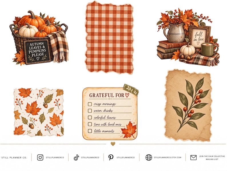 May include: A collection of autumn-themed digital stickers featuring pumpkins in a basket with a sign reading 'AUTUMN LEAVES & PUMPKINS PLEASE', a red gingham pattern, a fall scene with books and a mug, a leaf pattern, and a 'GRATEFUL FOR' checklist.