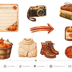 May include: A collection of autumn-themed digital stickers including an October bucket list notepad, a vintage camera, a stack of three books with glasses, a lit candle, a basket of pumpkins, a beige cable-knit sweater, boots, and a maple leaf.