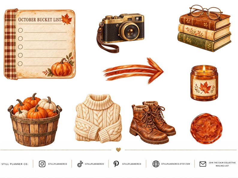 May include: A collection of autumn-themed digital stickers including an October bucket list notepad, a vintage camera, a stack of three books with glasses, a lit candle, a basket of pumpkins, a beige cable-knit sweater, boots, and a maple leaf.