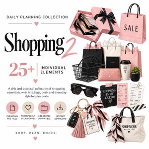 May include: A digital collection of shopping-themed graphics including pink gift boxes with black bows, shopping bags, a wire basket, black sunglasses, a tote bag with text, a keychain with a tassel, a coffee cup, and various shopping lists.