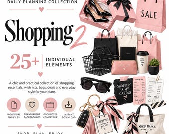 Shopping Clipart PNG, adesivi per pianificatore digitale, grafica per lo shopping rosa, adesivi GoodNotes, Shopping 2