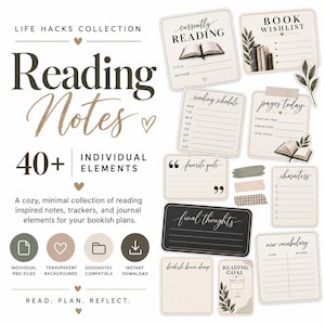May include: A digital collection of reading-themed journal elements including cards labeled Currently Reading, Book Wishlist, Reading Schedule, Pages Today, Favorite Quote, Characters, Final Thoughts, Bookish Brain Dump, Reading Goal, and New Vocabulary.