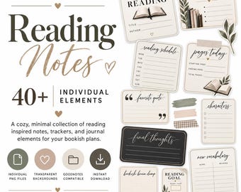 May include: A digital collection of reading-themed journal elements including cards labeled Currently Reading, Book Wishlist, Reading Schedule, Pages Today, Favorite Quote, Characters, Final Thoughts, Bookish Brain Dump, Reading Goal, and New Vocabulary.