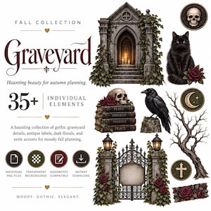 May include: A digital collection titled Fall Collection Graveyard featuring 35+ individual elements including a stone archway with candles, a black cat, a skull on books, a raven, a wrought iron gate, a bare tree, and floral accents.